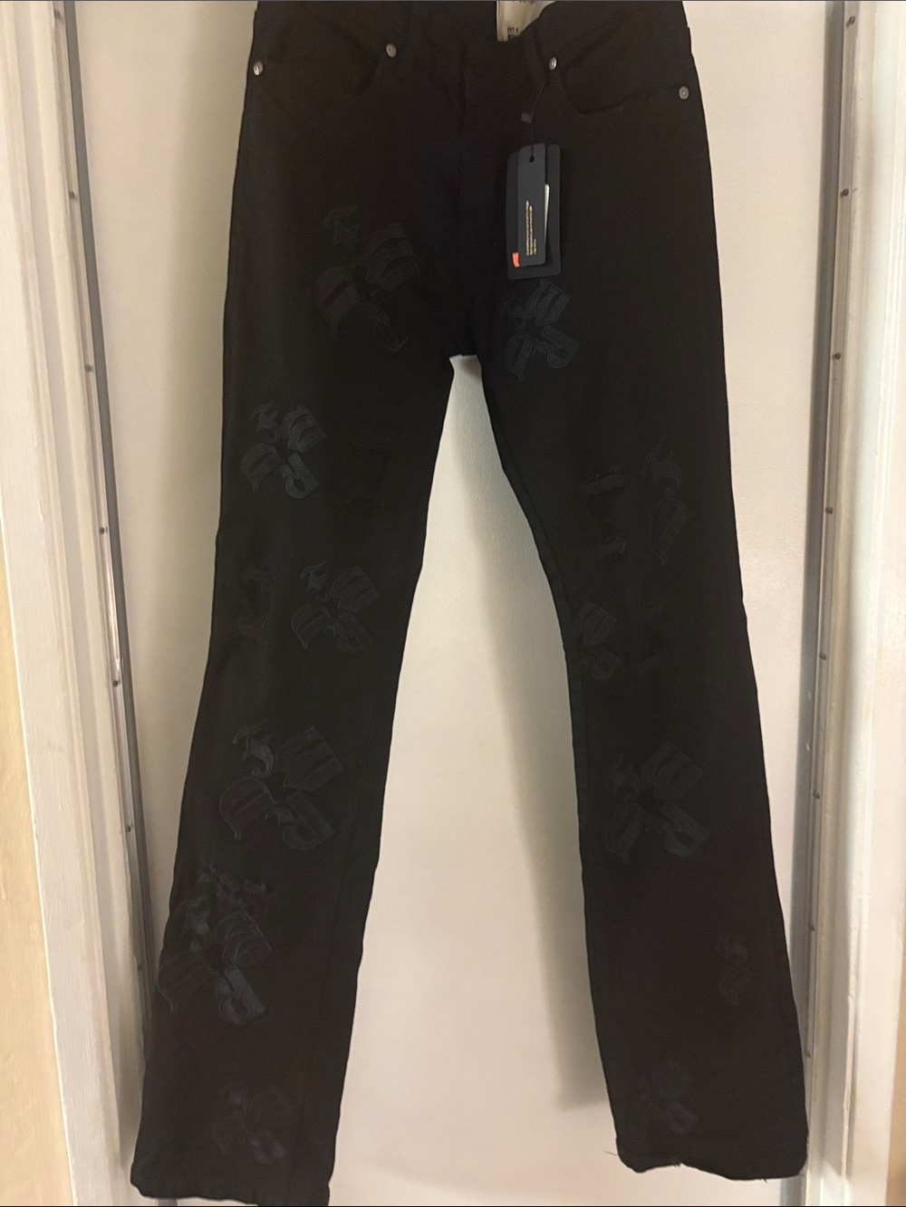Men's Black Embroidered Straight-Leg Chinos